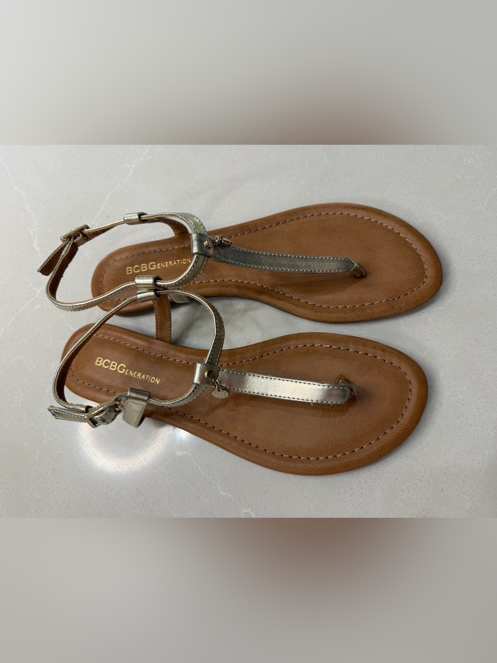 New BCBGeneration Metallic Gold T-Strap Sandals, 8
